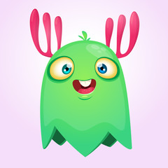 Cute tiny monster baby with pink horns and smile. Vector isolated