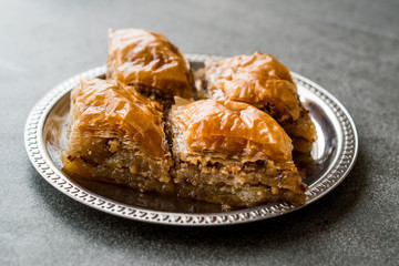 Homemade Azerbajian Baklava with Walnut in Silver Plate / Pakhlava / Baklawa