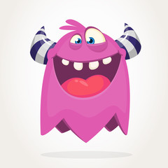 Happy cool cartoon fat flying monster. Purple and horned vector monster character