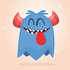Cartoon red monster. Vector Halloween illustration of a red horned monster with long tongue. 