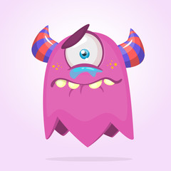 Cute cartoon monster with horns and one eye. Crying monster emotion. Halloween vector illustration