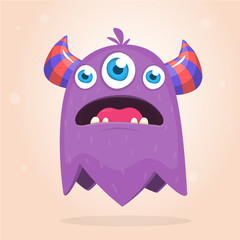 Angry purple cartoon monster with horns an three eyes. Big collection of cute monsters. Halloween character. Vector illustrations. Good for book illustration, magazine prints or journal article