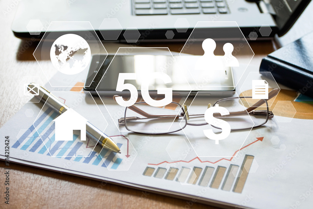 Poster management work 5g signal process. picture trader working 5g signal market report document.
