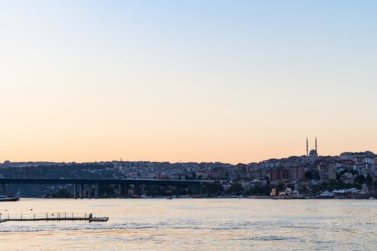 Halic Bridge in Istanbul city in spring evening