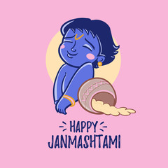 little Lord Krishna with jar of butter.  happy Janmashtami greeting card background. For print or web congratulations.