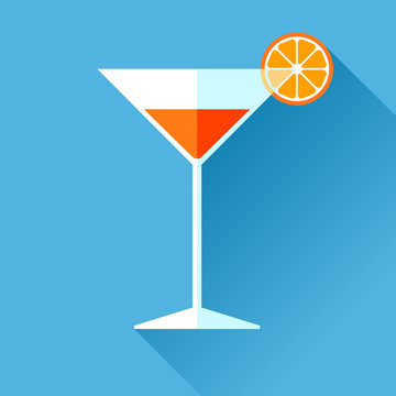 Glass for vermouth icon in flat style, wineglass on color background. Alcohol cocktail with lemon. Vector design elements for you business project 