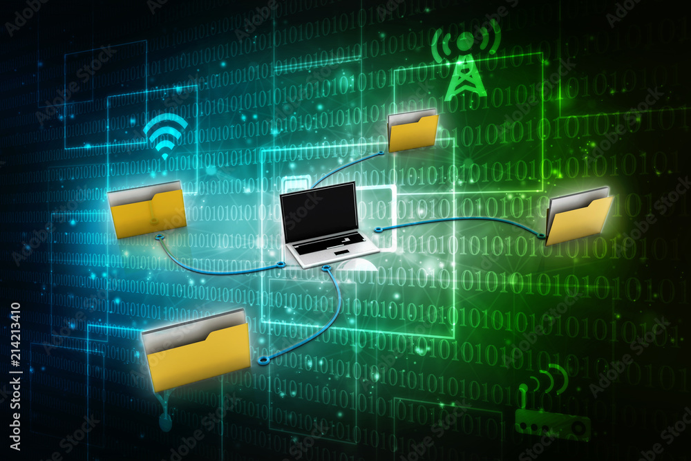 Poster 2d rendering folder connected to computer network