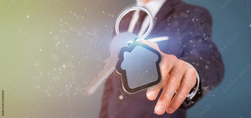 Poster man holding a key and house 3d rendering