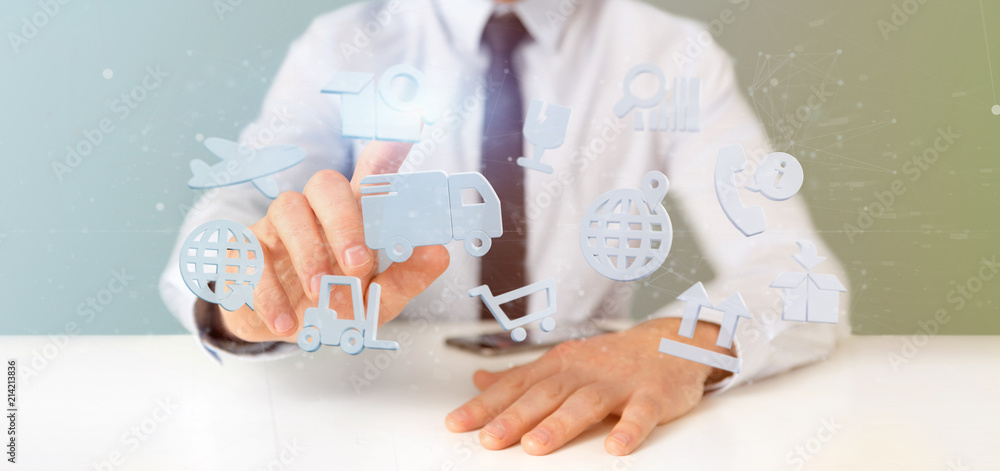 Poster businessman holding a logistic organisation with icon and connection 3d rendering