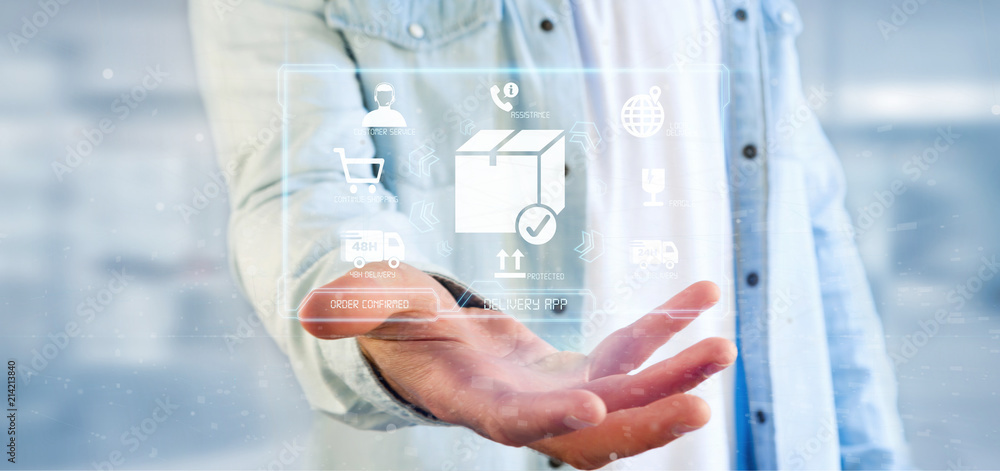 Poster businessman holding a logistic delivery application screen 3d rendering