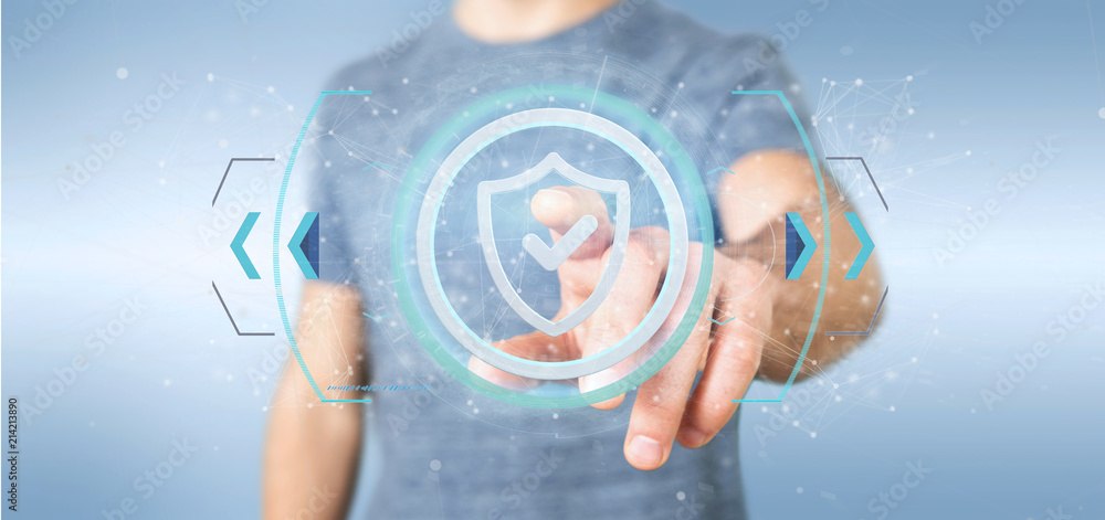 Poster man holding a shield web security concept 3d rendering