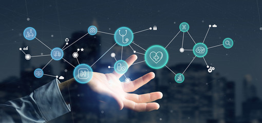Businessman holding Medical icon and connection 3d rendering