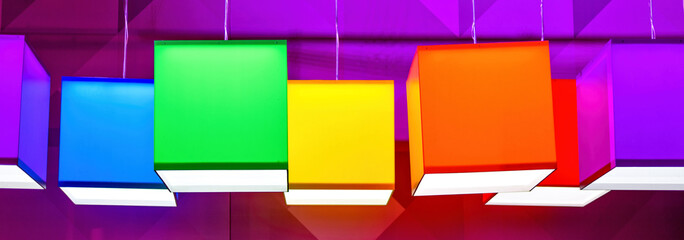 Vibrant and abstract square lamps hanging on ceiling