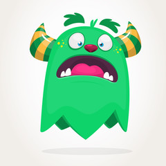 Cartoon green monster. Monster illustration with surprised expression. Shocking green gremlin mascot design. Vector Halloween illustration