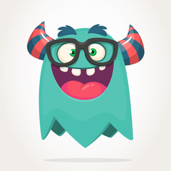 Happy cartoon monster wearing eyeglasses. Vector Halloween character