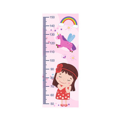 Meter growth, cute kids, girl, children's height measurements . Vector illustration.