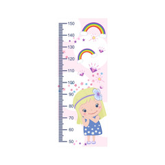 Meter growth, cute kids, girl, children's height measurements . Vector illustration.