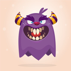 Angry cartoon monster. Halloween vector blue and horned monster 