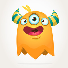 Happy cartoon monster with three eyes. Halloween vector illustration. Design for stickers, print, party decoration