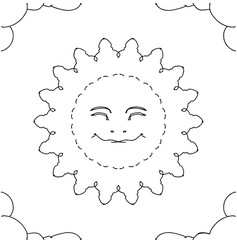 Happy smily sun mandala in the cloud in black and white