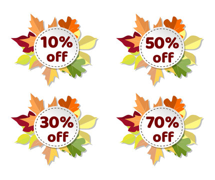 Set of autumn discount tags with colorful leaves. Vector