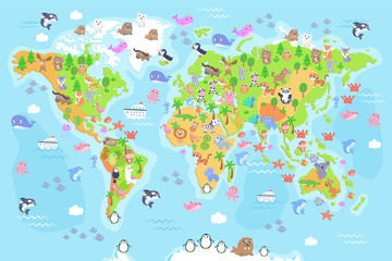 Vector illustration of world map with animals for kids. Flat design. - 214218415
