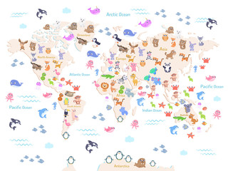 Vector illustration of world map with animals for kids. Flat design.