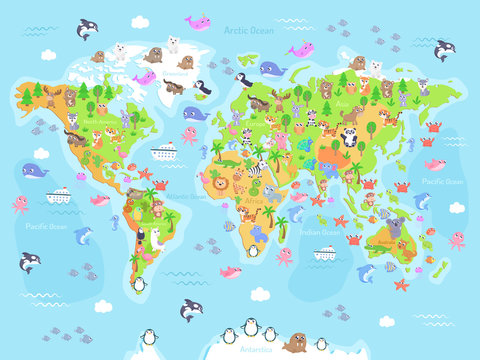 Vector illustration of world map with animals for kids. Flat design. © Svetlana