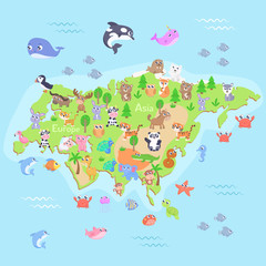 Map of Eurasia with cartoon animals for kids. Flat design.