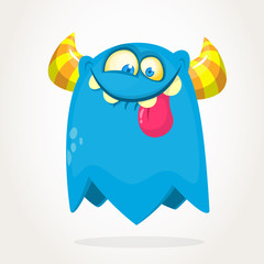 Cute blue and horned cartoon monster. Funny flying monster with smiling expression and long tongue. Halloween vector illustration