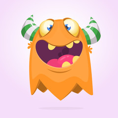 Angry orange cartoon monster with horns. Big collection of cute monsters. Halloween character. Vector illustrations. 