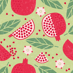 Seamless pattern. Pomegranate juicy fruits, leaves and flowers on shabby background.