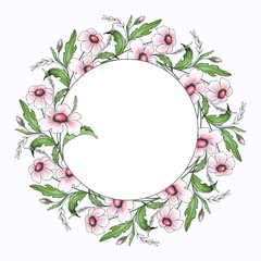 Watercolor floral frame. Element for design. Ink flowers and leaves