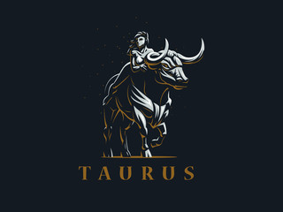 Sign of the zodiac Taurus. A woman is riding a bull. Vector illustration.