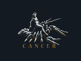 Sign of the zodiac Cancer. A woman riding a crawfish. Vector illustration.