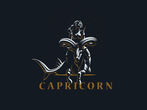 Sign Of The Zodiac Capricorn. A Woman Riding A Horse In Capricorn. Vector Illustration.