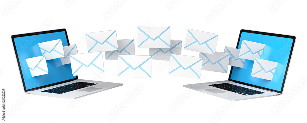 Poster digital e-mails flying through devices screens 3d rendering