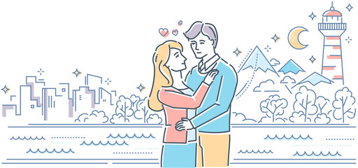 Obraz na płótnie Canvas Romantic date - colorful line design style illustration