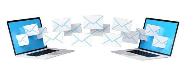 Digital e-mails flying through devices screens 3D rendering
