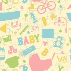 Pattern from baby items silhouette. Baby care supplies. Vector illustration.