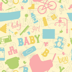 Pattern from baby items silhouette. Baby care supplies. Vector illustration.