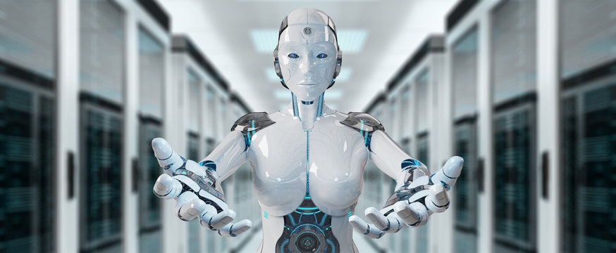 White woman cyborg opening her two hands 3D rendering