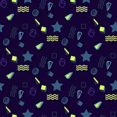 Behang Abstracte naadloze vector Memphis patroon voor meisjes, jongens, kleding. Creatieve achtergrond met stippen, geometrische figuren Grappig behang voor textiel en stof. Hipster Mode-stijl. Kleurrijk helder © Janna Mudrak