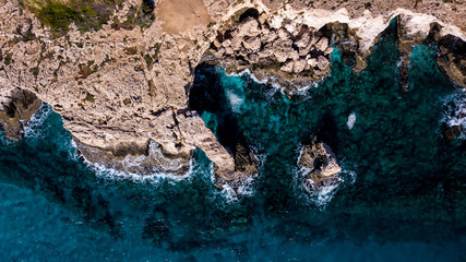 top view of scenic rocky coast with blue sea, Cyprus