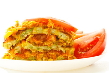 A piece of delicious cake from courgettes. Vegetable cake.