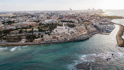 Naklejka premium aerial view of beautiful old town on seashore, Tel Aviv, Israel