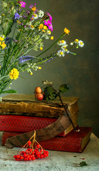 a still-life with books, field flowers, ash and apples. vintage.