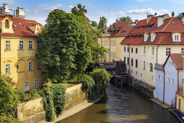 Fototapeta na wymiar Kampa Island at Certovka River (Devil's Stream) and Water mill in Old Prague, Czechia.