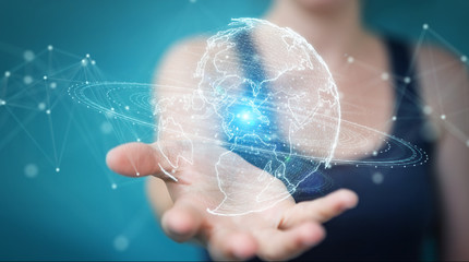 Businesswoman using globe network hologram with America Usa map 3D rendering