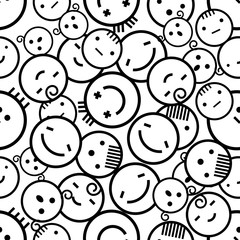 Seamless white background of creative emotions. Different emotions of people. Black and white pattern. Textile rapport.
